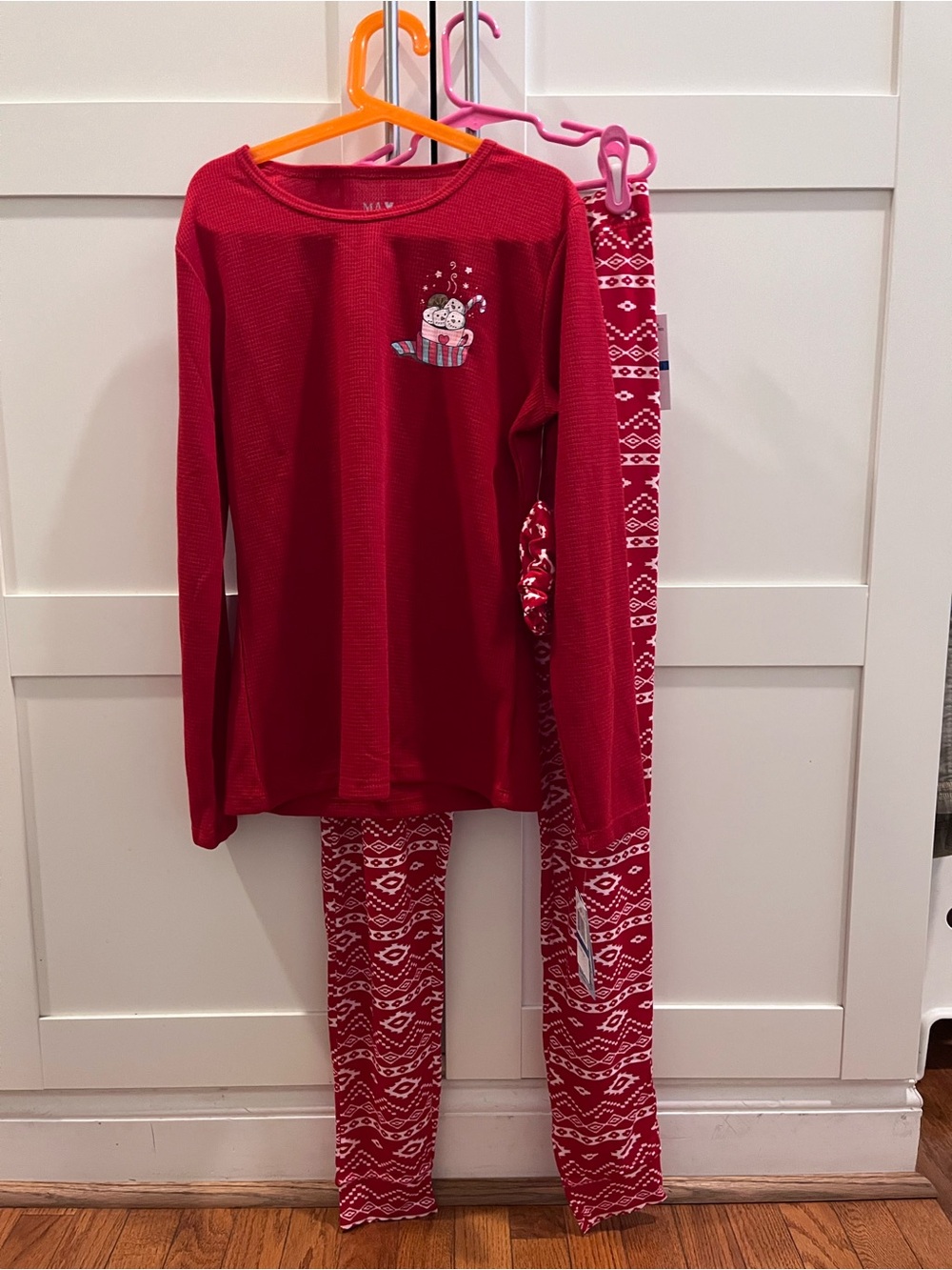 Girls' Red Holiday Thermal Pajama Set with hot chocolate Graphic
